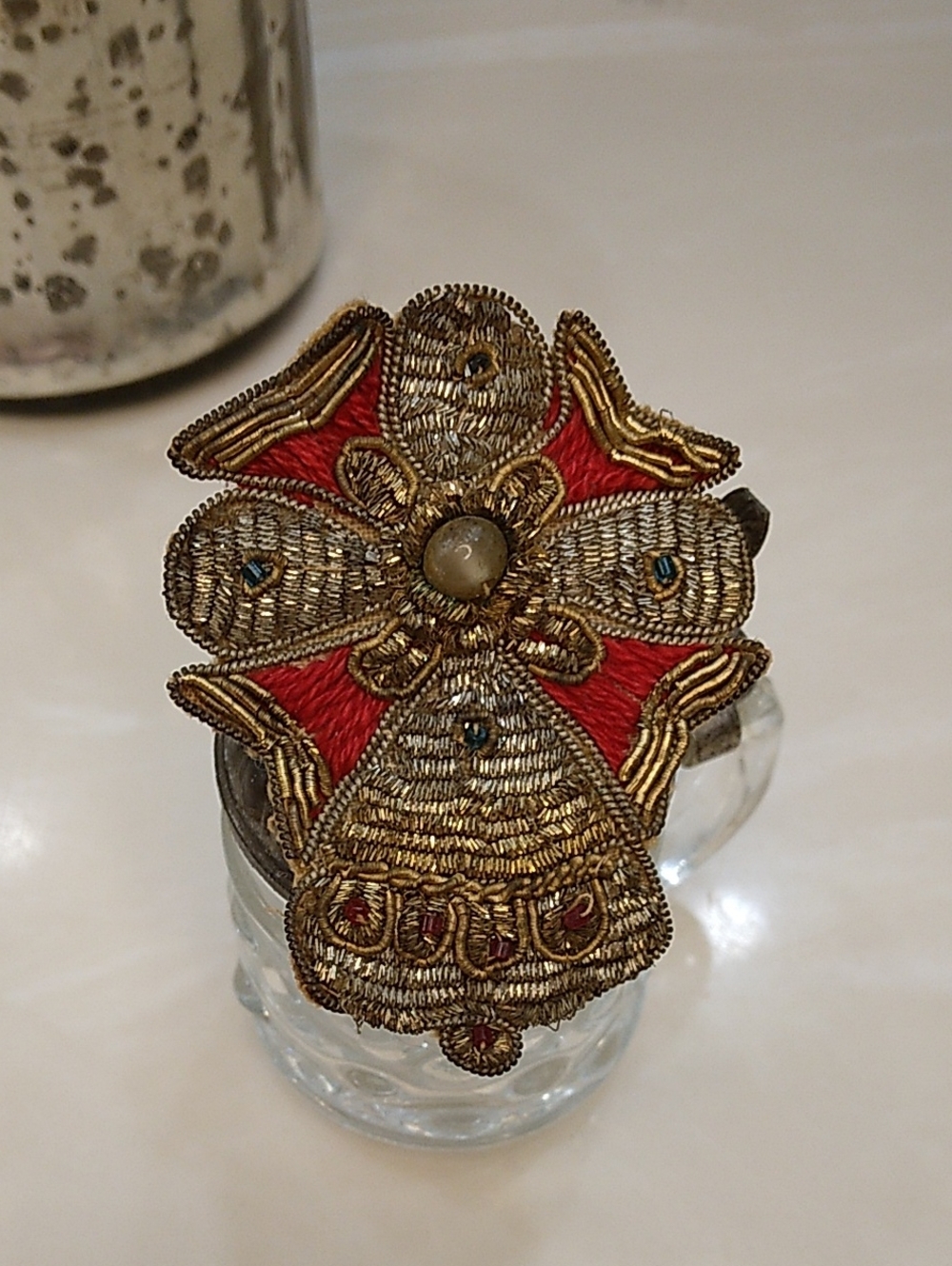Vintage 50s Embroidered Beaded Patch Brooch Red Gold